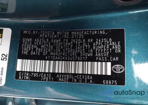 2025 Toyota Camry Se from USA, damaged, VIN 4T1DAACK4SU579017